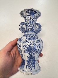 A Chinese blue and white vase with handles and a bowl, Kangxi mark, Kangxi and later