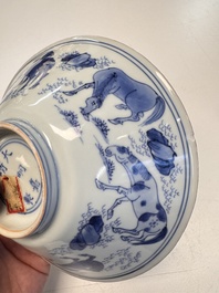 A Chinese blue and white conical 'Eight Horses of Mu Wang' bowl, Jiajing mark, Shunzhi/Kangxi