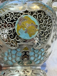A Japanese enamelled reticulated silver 'koro' censer, Meiji, 19th C.