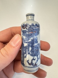Two Chinese blue, white and copper-red snuff bottles with narrative design, 19th C.