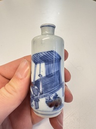 Two Chinese blue, white and copper-red snuff bottles with narrative design, 19th C.