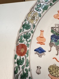A pair of Chinese famille verte 'Antiquities' dishes, Kangxi