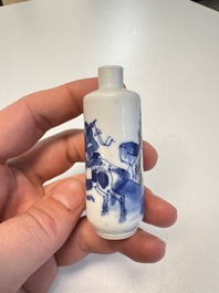 Three Chinese blue, white and copper-red snuff bottles with narrative design, 19th C.