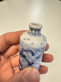 A Chinese blue and white 'Mythical Animals' snuff bottle and a 'Buddhist Lions' snuff bottle, 19th C.