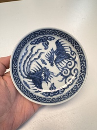 Five Chinese blue and white 'Phoenix' saucers, Wanli mark and of the period