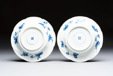 Eleven Chinese blue and white gadrooned 'Flowers and Peacocks' plates, Kangxi