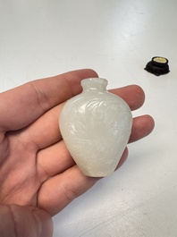 A Chinese carved white jade 'Geese' snuff bottle with a wooden stand, 18/19th C.