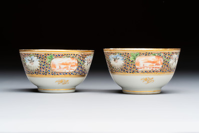 A pair of Chinese Canton famille rose cups and saucers with figural design, Daoguang