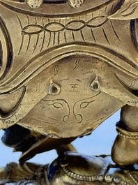 A fine Sino-Tibetan gilt-bronze figure of Mahakala, 18th C.