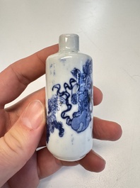 A Chinese blue and white 'Mythical Animals' snuff bottle and a 'Buddhist Lions' snuff bottle, 19th C.