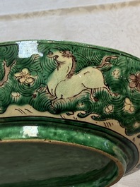 A Chinese verte biscuit oval dish, 19/20th C.