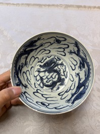 A Chinese blue and white 'Dragons and Clouds' bowl, Jiajing/Wanli
