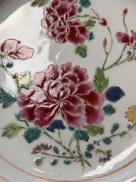 Three Chinese famille rose plates with floral design, Yongzheng