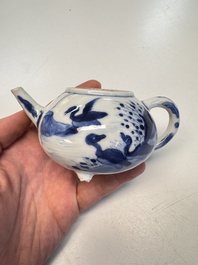 A Chinese blue and white covered tea caddy and a covered teapot with ducks, Kangxi