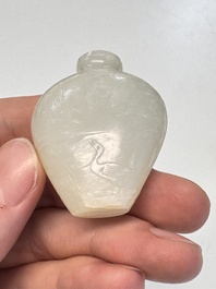 A Chinese carved white jade 'Geese' snuff bottle with a wooden stand, 18/19th C.