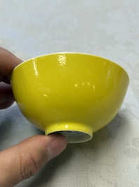 A pair of fine Chinese lemon-yellow-glazed tea bowls, Yongzheng mark, 19th C.