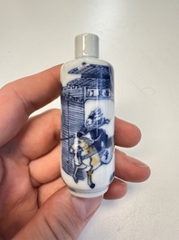 Three Chinese blue, white and copper-red snuff bottles with narrative design, 19th C.