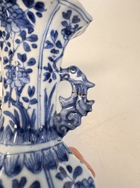A Chinese blue and white vase with handles and a bowl, Kangxi mark, Kangxi and later