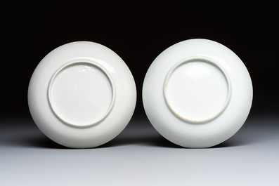 A pair of Chinese Canton famille rose cups and saucers with figural design, Daoguang