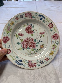 Three Chinese famille rose plates with floral design, Yongzheng