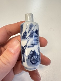 Three Chinese blue, white and copper-red snuff bottles with narrative design, 19th C.