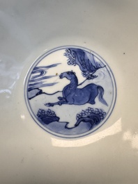 A Chinese blue and white conical 'Eight Horses of Mu Wang' bowl, Jiajing mark, Shunzhi/Kangxi