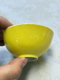 A pair of fine Chinese lemon-yellow-glazed tea bowls, Yongzheng mark, 19th C.