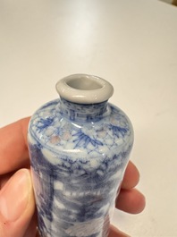 Two Chinese blue, white and copper-red snuff bottles with narrative design, Yongzheng and flower mark, 19th C.