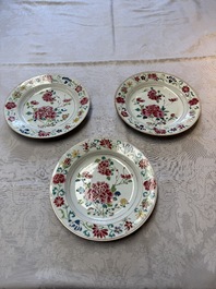 Three Chinese famille rose plates with floral design, Yongzheng