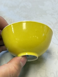 A pair of fine Chinese lemon-yellow-glazed tea bowls, Yongzheng mark, 19th C.