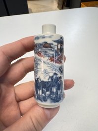 A fine Chinese blue, white and copper-red snuff bottle with narrative design, 19th C.