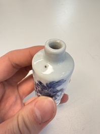 A Chinese blue and white 'Mythical Animals' snuff bottle and a 'Buddhist Lions' snuff bottle, 19th C.