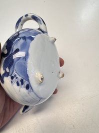 A Chinese blue and white covered tea caddy and a covered teapot with ducks, Kangxi