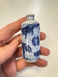 A Chinese blue and white 'Mythical Animals' snuff bottle and a 'Buddhist Lions' snuff bottle, 19th C.