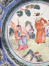 A Chinese Canton enamel flower-shaped 'Three Star Gods' plate, Qianlong