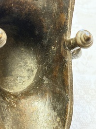 A Chinese archaistic bronze ritual wine vessel, Jue 爵, Qianlong mark, dated 1738