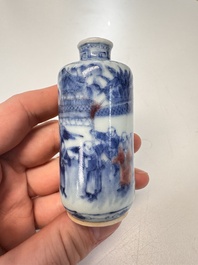 Two Chinese blue, white and copper-red snuff bottles with narrative design, Yongzheng and flower mark, 19th C.