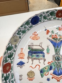 A pair of Chinese famille verte 'Antiquities' dishes, Kangxi