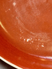 A pair of Chinese coral-red-glazed plates, Qianlong