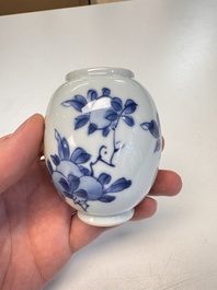 A Chinese blue and white covered tea caddy and a covered teapot with ducks, Kangxi