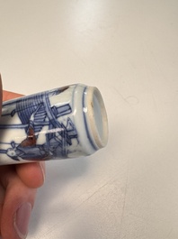 Two Chinese blue, white and copper-red snuff bottles with narrative design, 19th C.