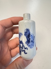 A Chinese blue and white 'Mythical Animals' snuff bottle and a 'Buddhist Lions' snuff bottle, 19th C.