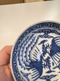 Five Chinese blue and white 'Phoenix' saucers, Wanli mark and of the period