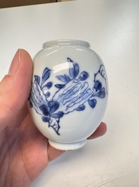 A Chinese blue and white covered tea caddy and a covered teapot with ducks, Kangxi