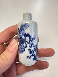 A Chinese blue and white 'Mythical Animals' snuff bottle and a 'Buddhist Lions' snuff bottle, 19th C.