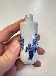 A Chinese blue and white 'Mythical Animals' snuff bottle and a 'Buddhist Lions' snuff bottle, 19th C.