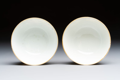 A pair of Chinese Canton famille rose cups and saucers with figural design, Daoguang