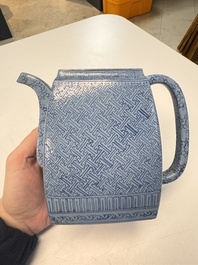 A Chinese blue-enamelled Yixing stoneware teapot, Jinxi Epu 荊溪萼圃監製 mark, 18/19th C.
