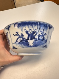 A Chinese blue and white vase with handles and a bowl, Kangxi mark, Kangxi and later