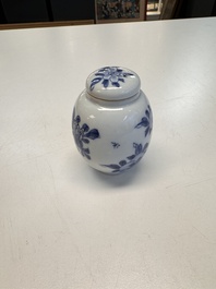A Chinese blue and white covered tea caddy and a covered teapot with ducks, Kangxi